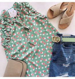 Green Floral Ruffle Top