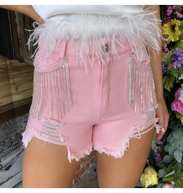 Pink Denim Distressed Rhinestone Shorts