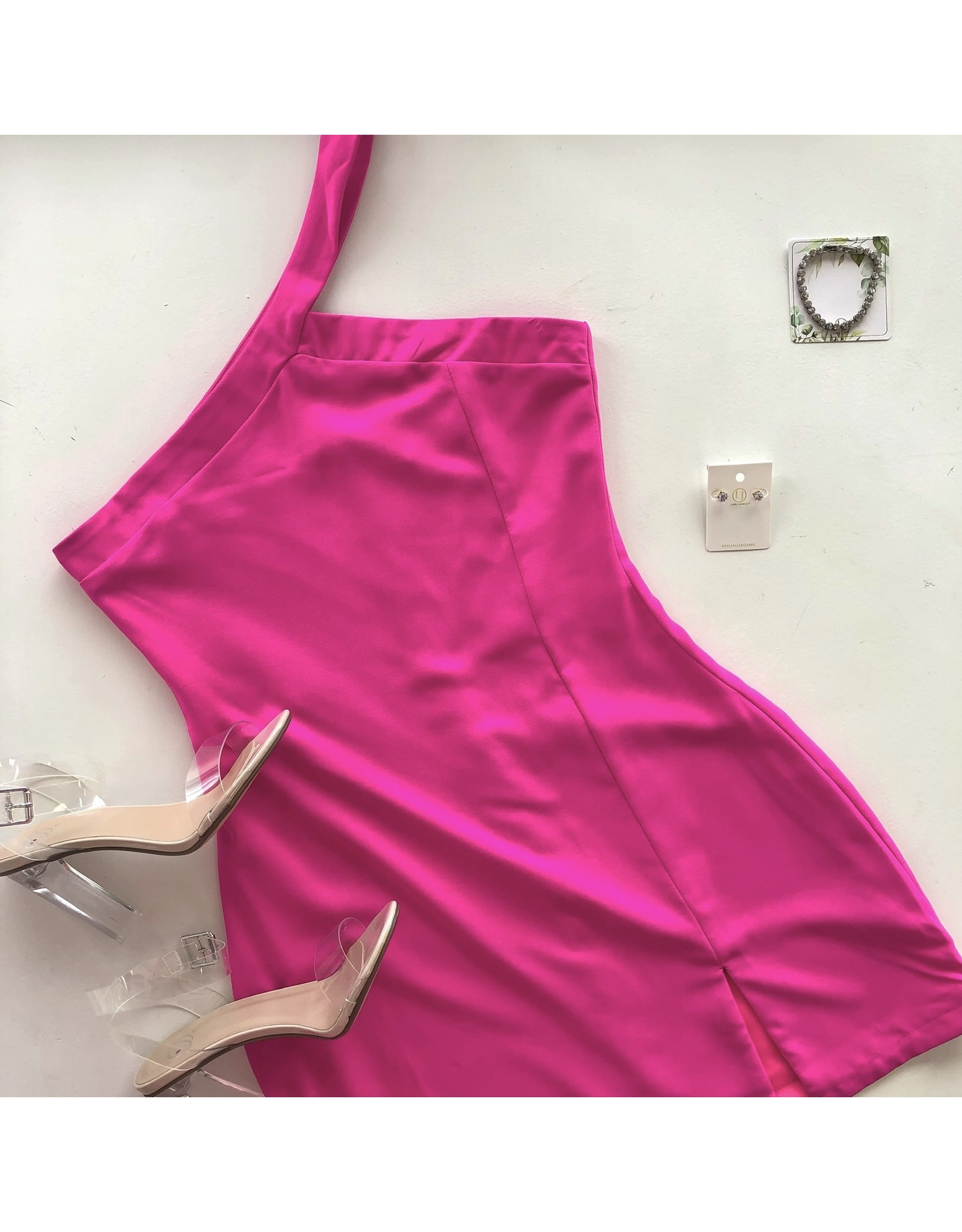 Hot Pink One Shoulder Slit Dress