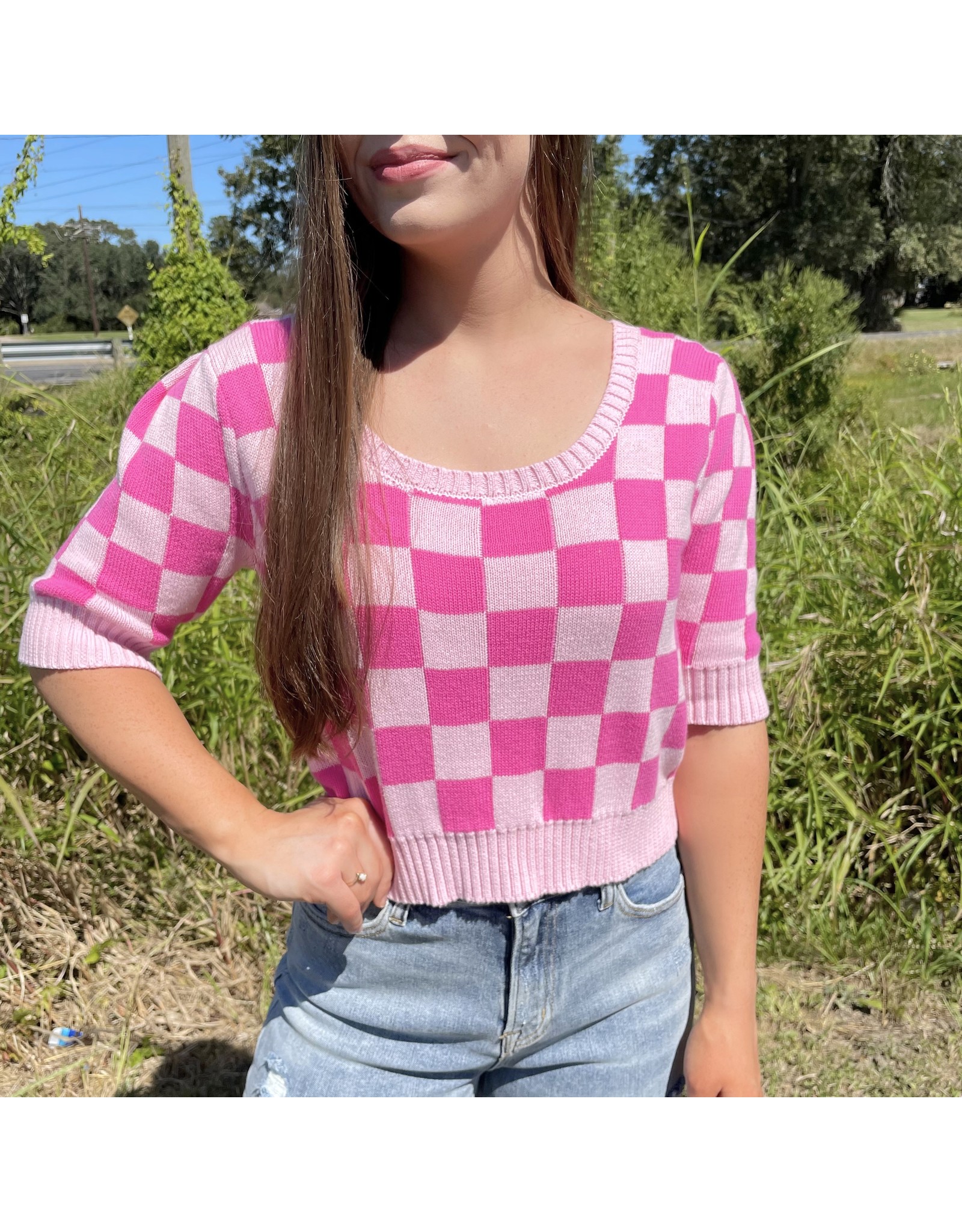 Pink Checkered Crop Sweater
