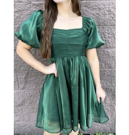 Hunter Green Organza Bubble Sleeve Dress
