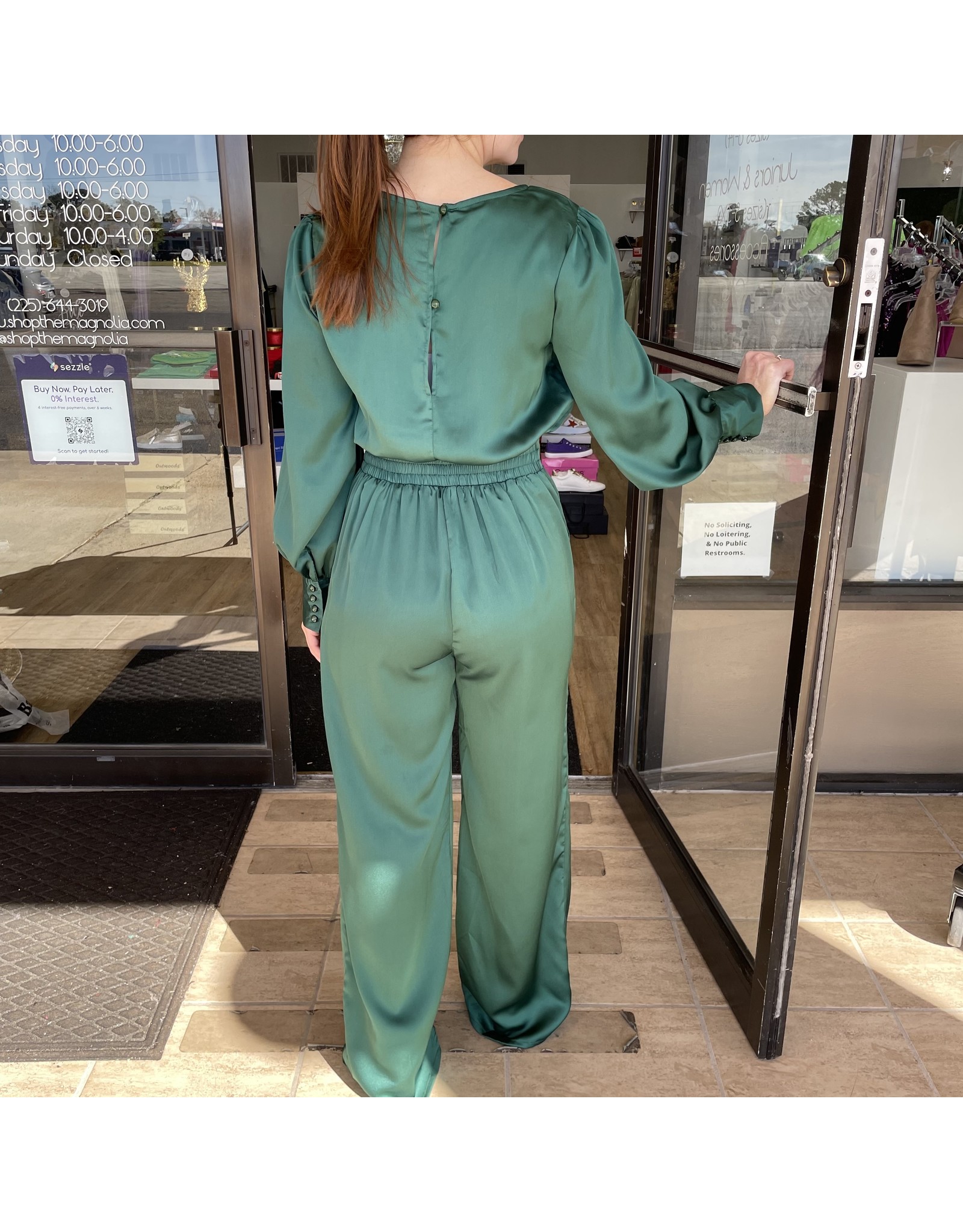 Hunter Green Satin Puff Sleeve Jumpsuit The Magnolia