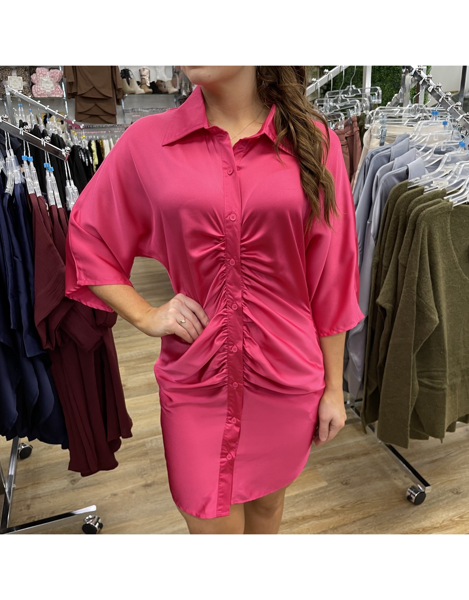 hot pink satin shirt dress