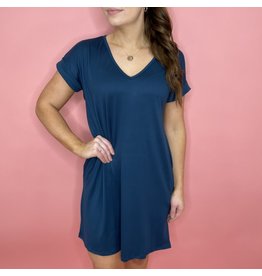Solid V-Neck Short Sleeve Dress - Teal