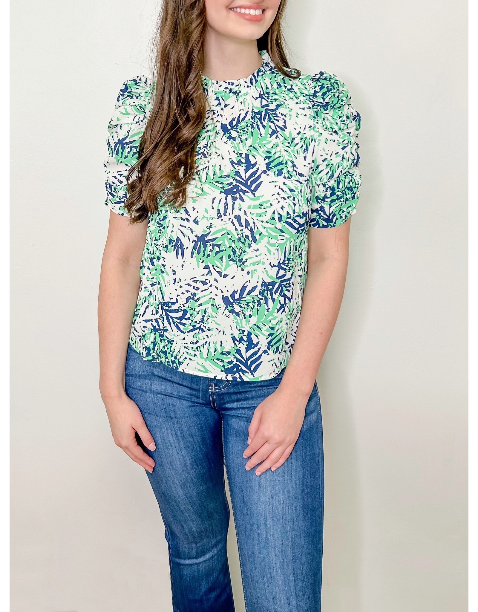 Green Ruched Sleeve Print Top