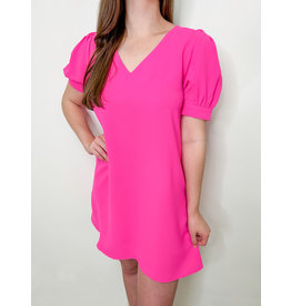 Hot Pink V-Neck Puff Sleeve Dress