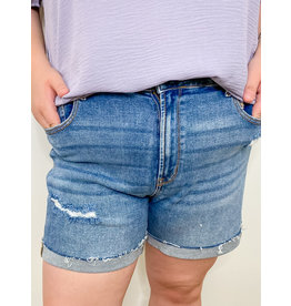 Dark Wash Distressed Raw Hem Cuff Shorts