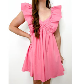 Pink Ruffle Sleeve Ruched Dress