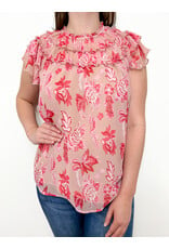 Pink Floral Ruffle Neck Top