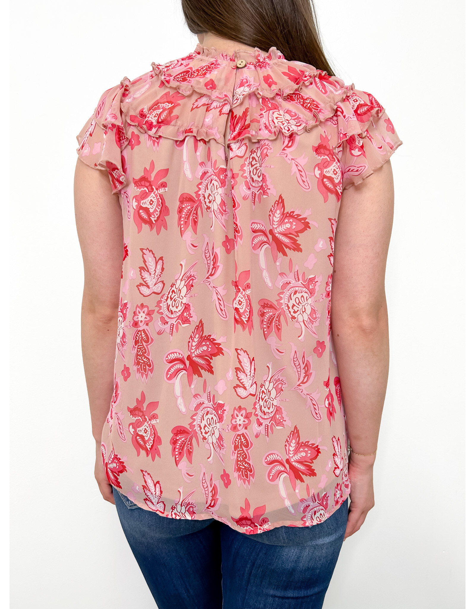Pink Floral Ruffle Neck Top