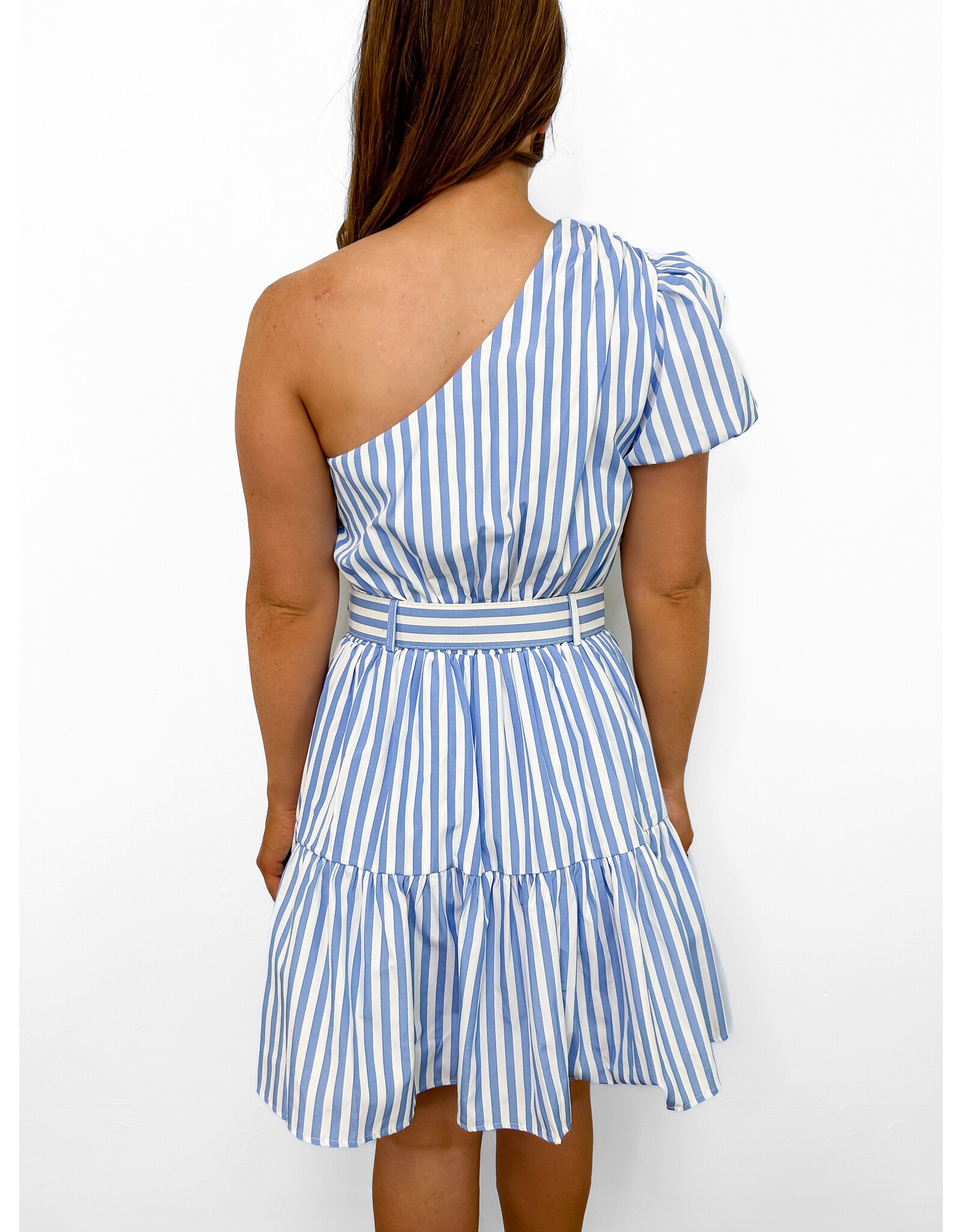 Blue White Striped One Shoulder Dress