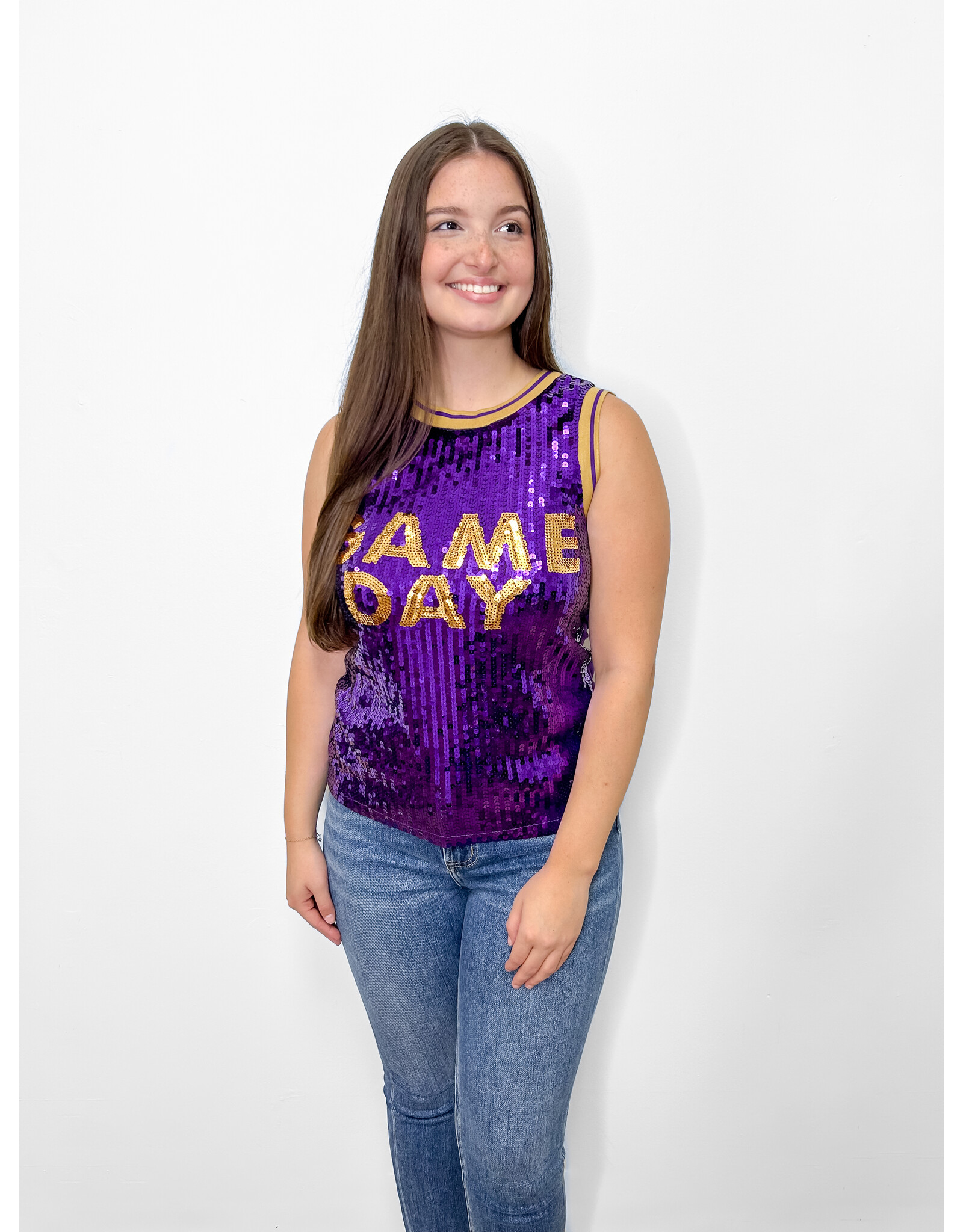 Sequin Jersey Tank, Purple & Gold