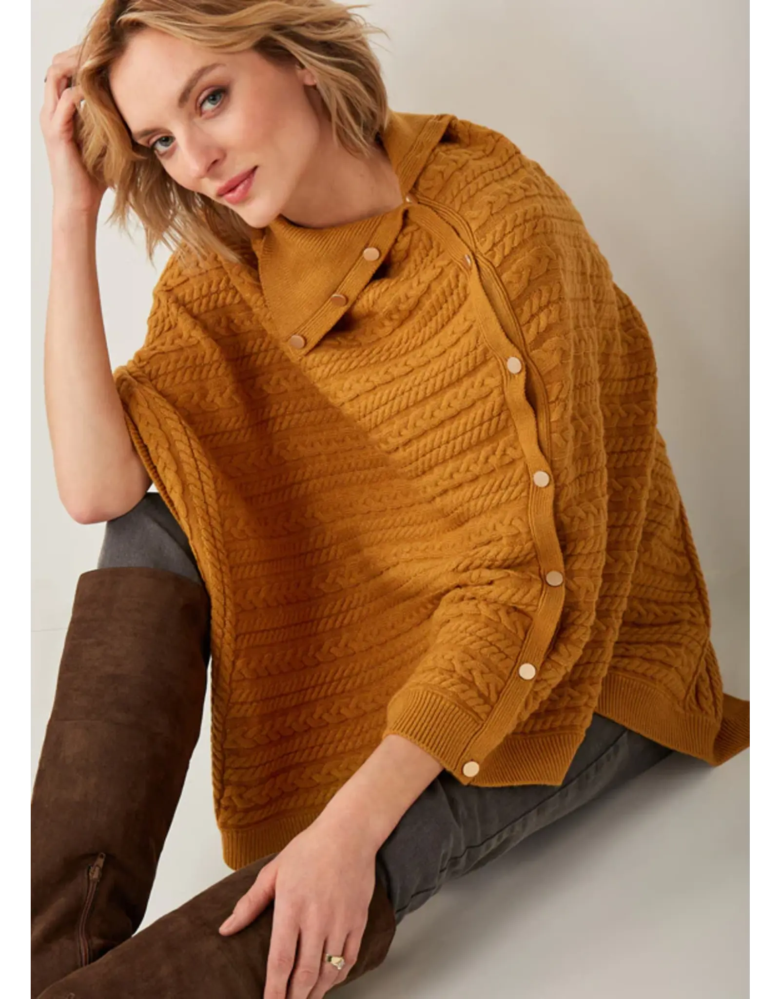 Tan Button Up Ribbed Poncho - OS