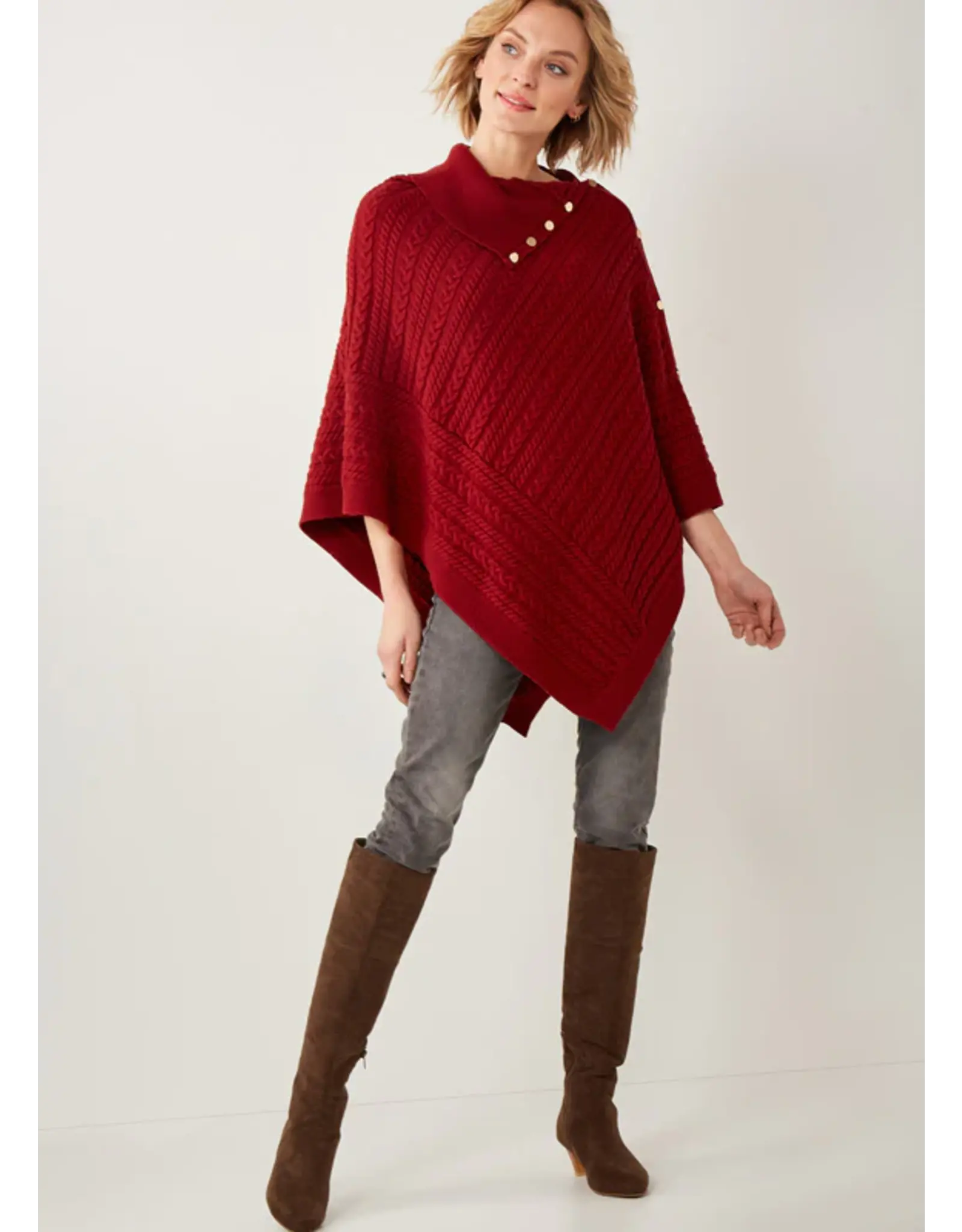 Red Button Up Ribbed Poncho - OS