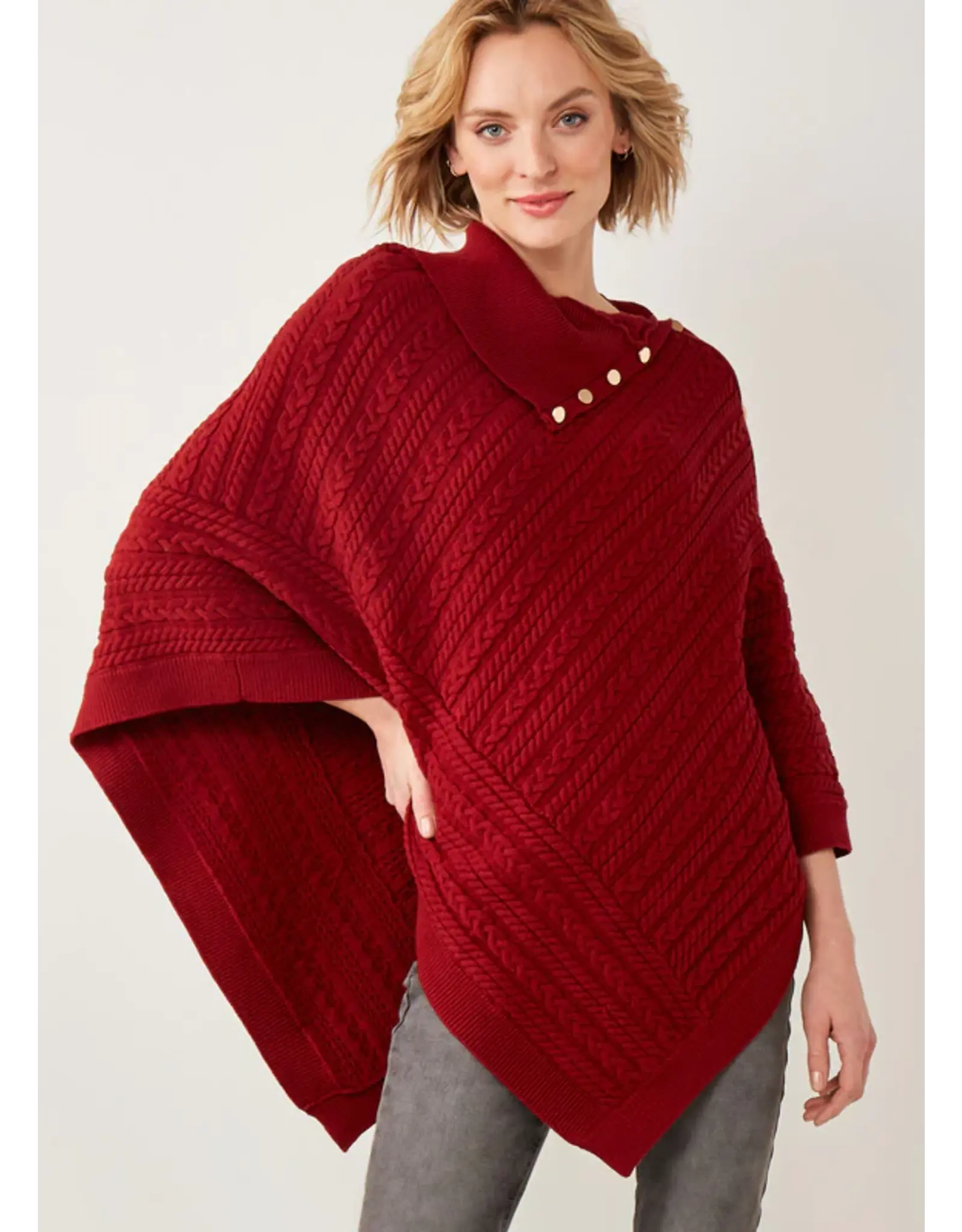 Red Button Up Ribbed Poncho - OS