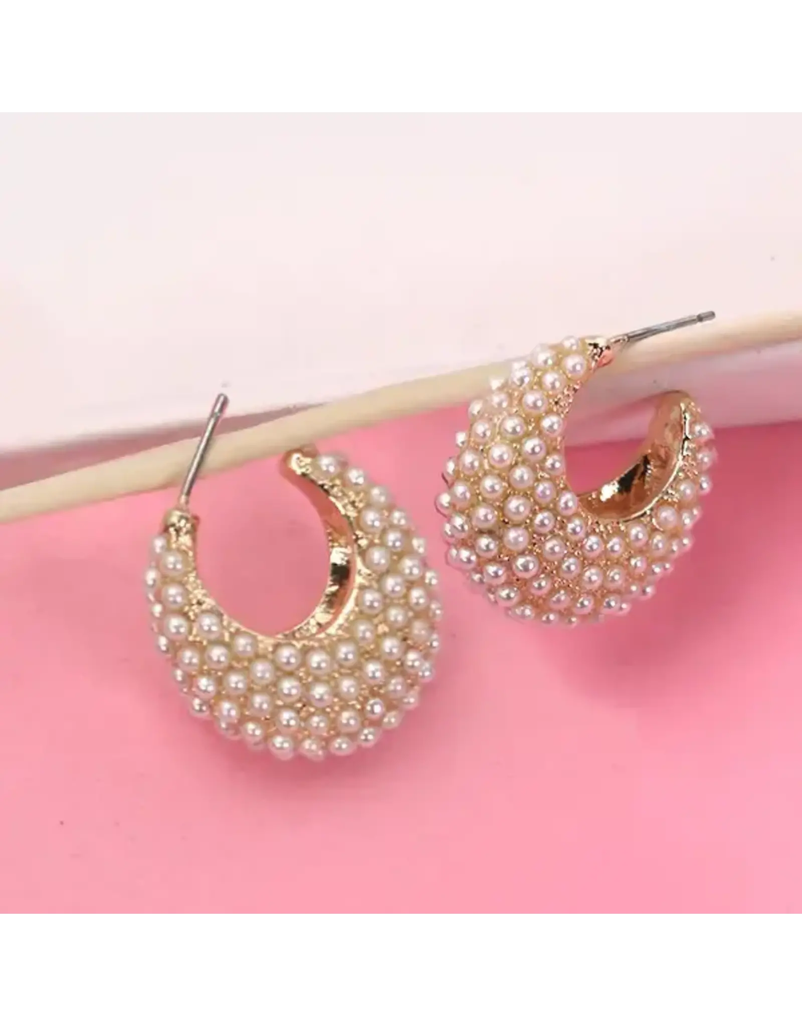 Gold Pearl Pave Huggie Hoop Earrings