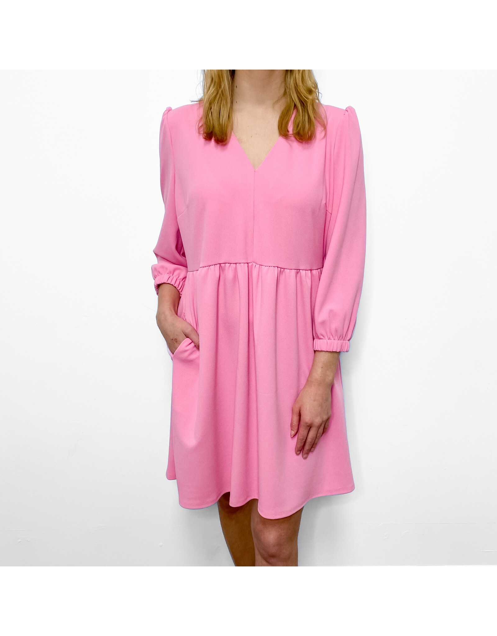 Pink V-Neck 3/4 Sleeve Dress