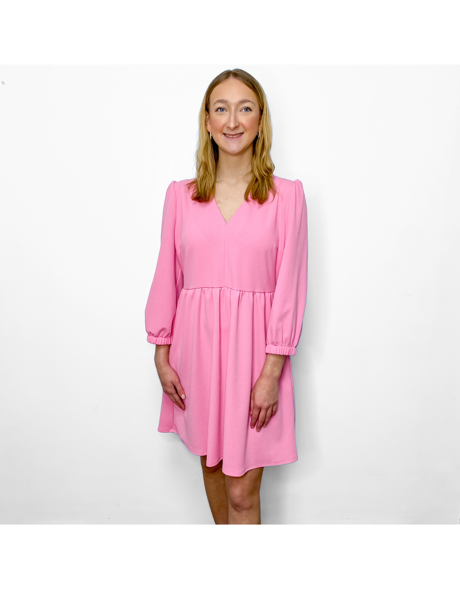 Pink V-Neck 3/4 Sleeve Dress