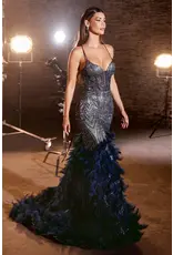 Navy Feather Long Formal Dress - 6