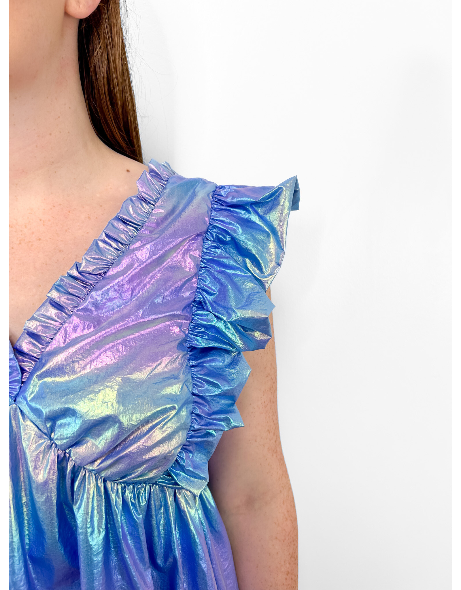 Violet Foil Ruffle Sleeve Dress