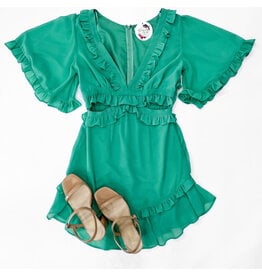 Green Deep V Ruffle Dress