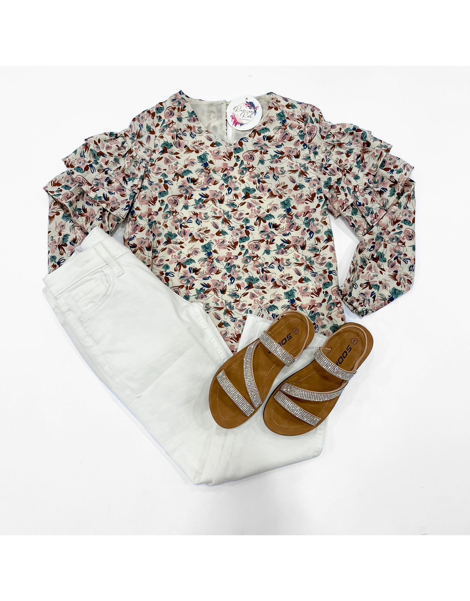 Hayden Tween Cream Printed Ruffle Sleeve Top