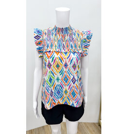 THML White Multi Color Ruffle Sleeve Top