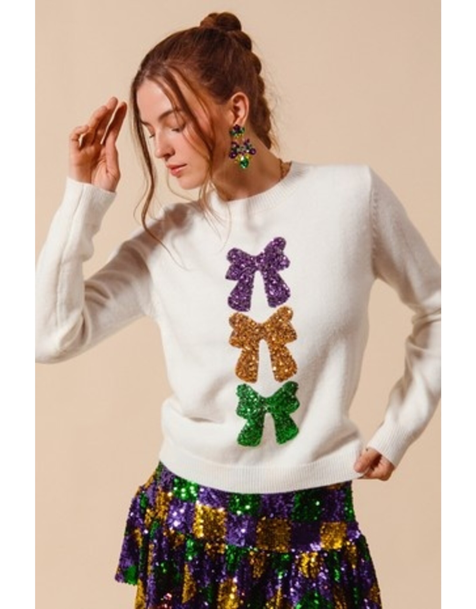 Ivory Mardi Gras Sequin Bow Sweater