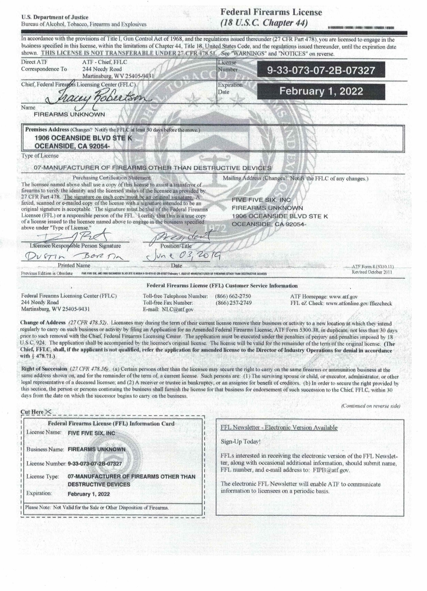 Oceanside's Federal Firearm License