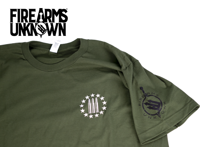 Firearms Unknown FU 3% Front / Flag Back T-Shirt Green