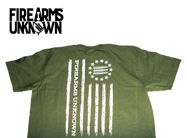 Firearms Unknown FU 3% Front / Flag Back T-Shirt Green
