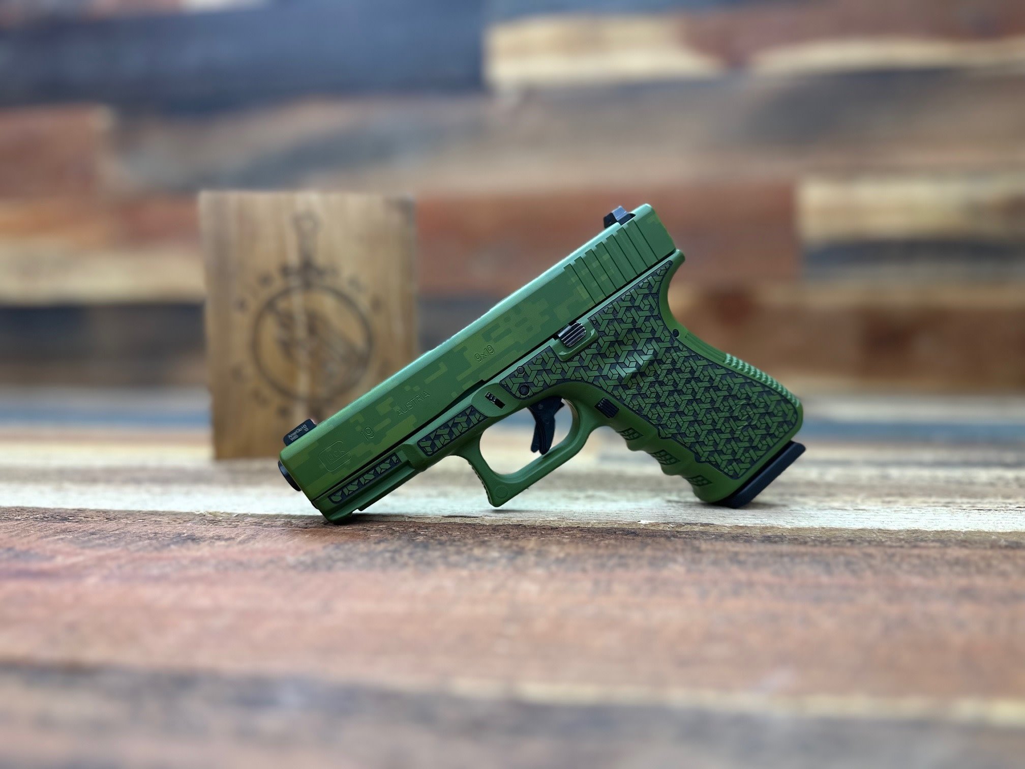 Glock 19 Gen3, Refurbished, Custom Cerakote Multicam Bright Green, Laser Stipled G19 Pistol