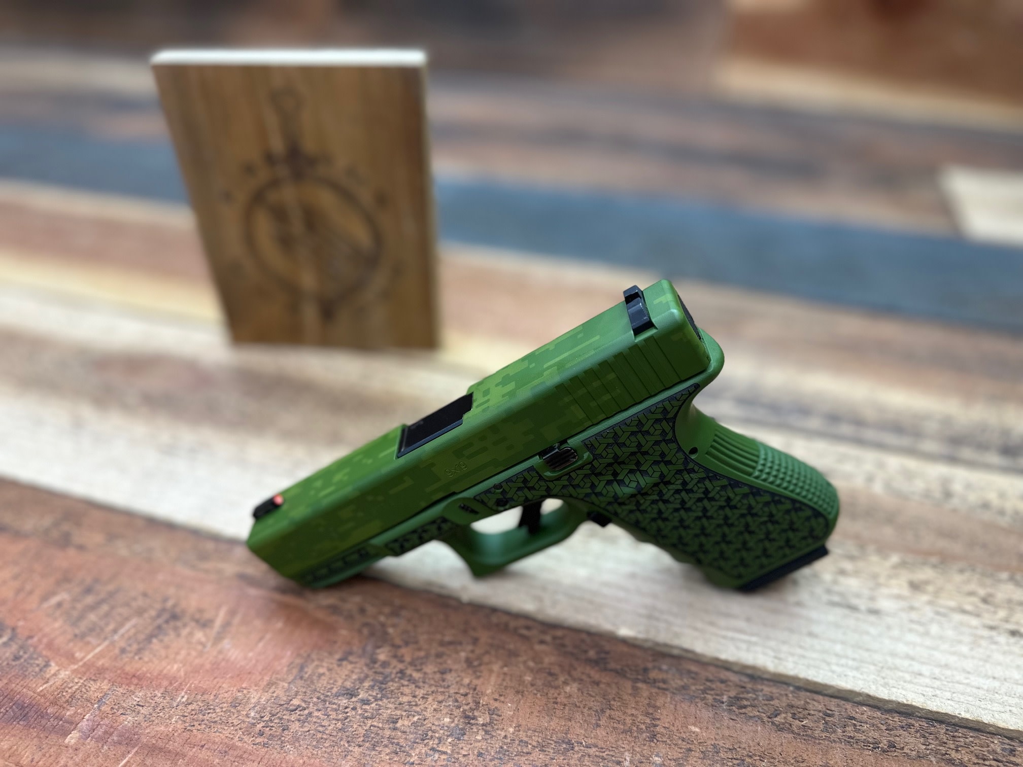 Glock 19 Gen3, Refurbished, Custom Cerakote Multicam Bright Green, Laser Stipled G19 Pistol