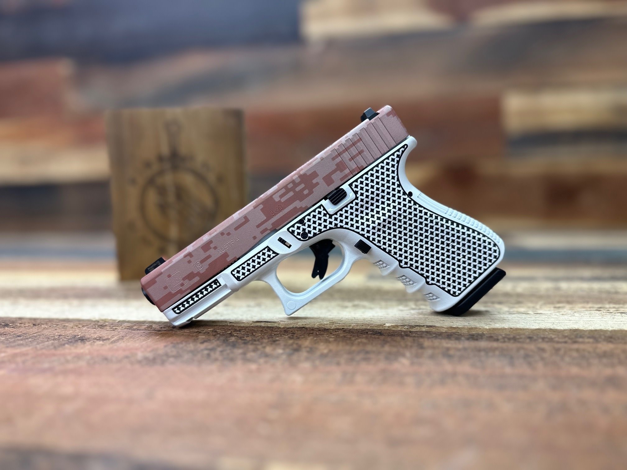 Glock 19 Gen3, Refurbished, Custom Cerakote Rose Gold & Storm Trooper White, Laser Stipled G19 Pistol