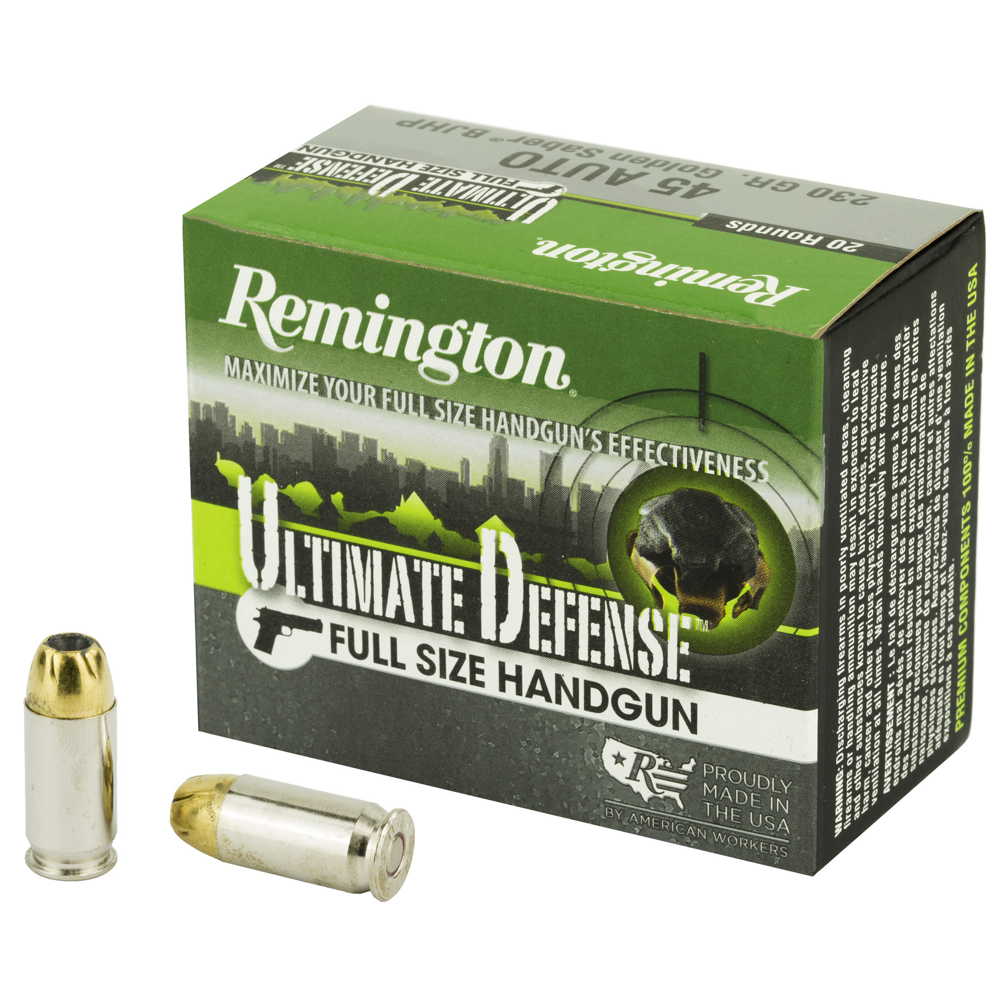 Remington, Ultimate Defense, Full Size 45 ACP, 230 Gr., Brass JHP 20 RND Box