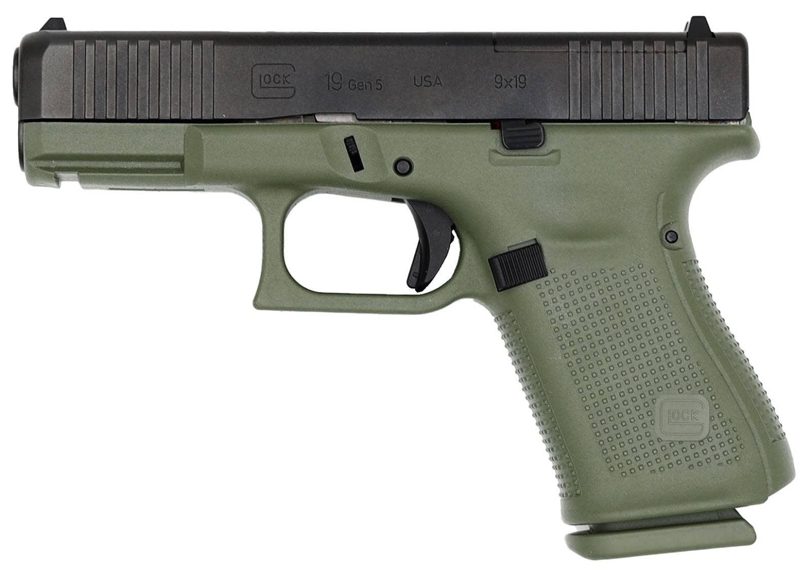 Glock G19 Gen 5, MOS 9MM, 4" BLK/BF Green 15RD Pistol
