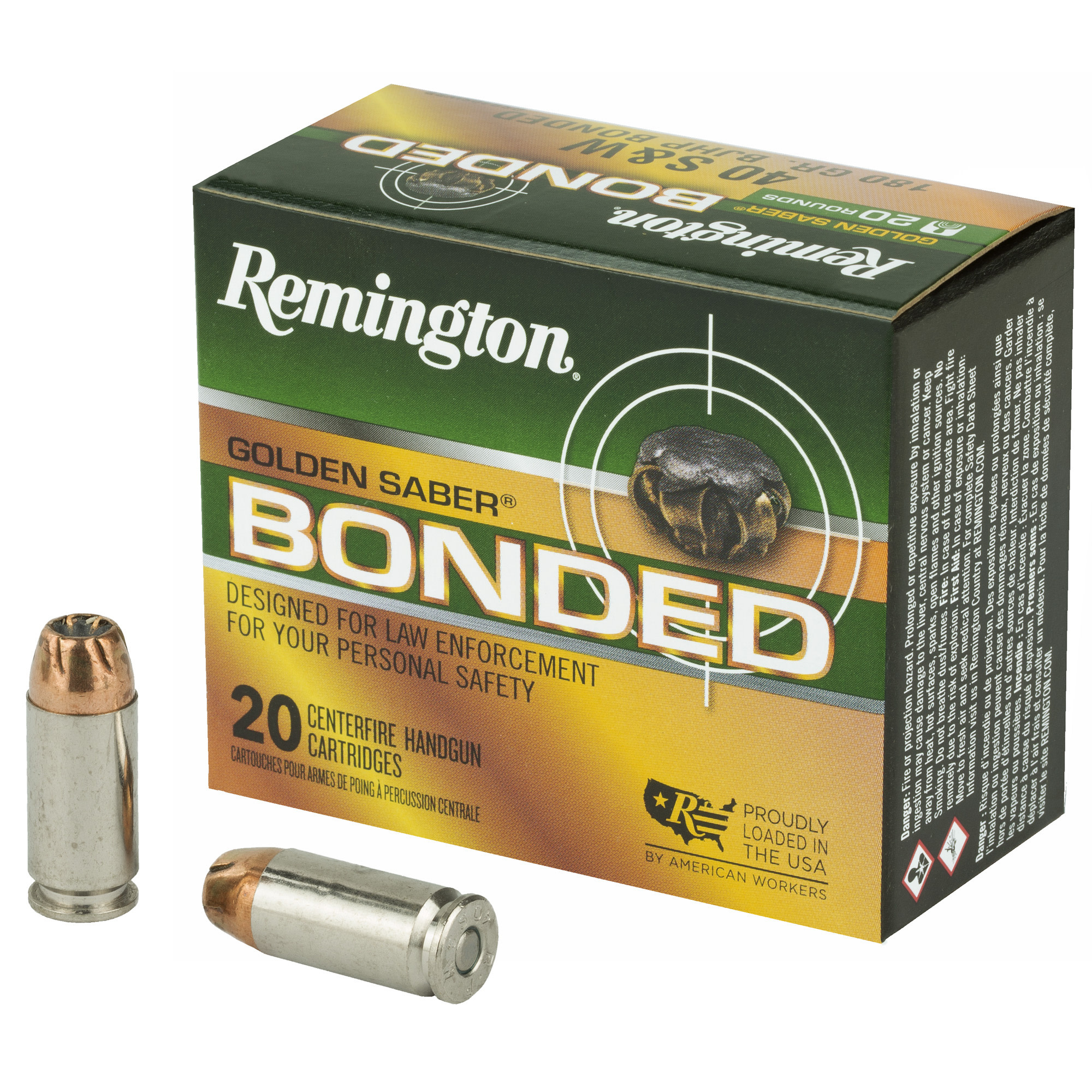 Remington, Golden Saber, 40 S&W, 180 gr. Brass JHP Bonded, 20 RDBox