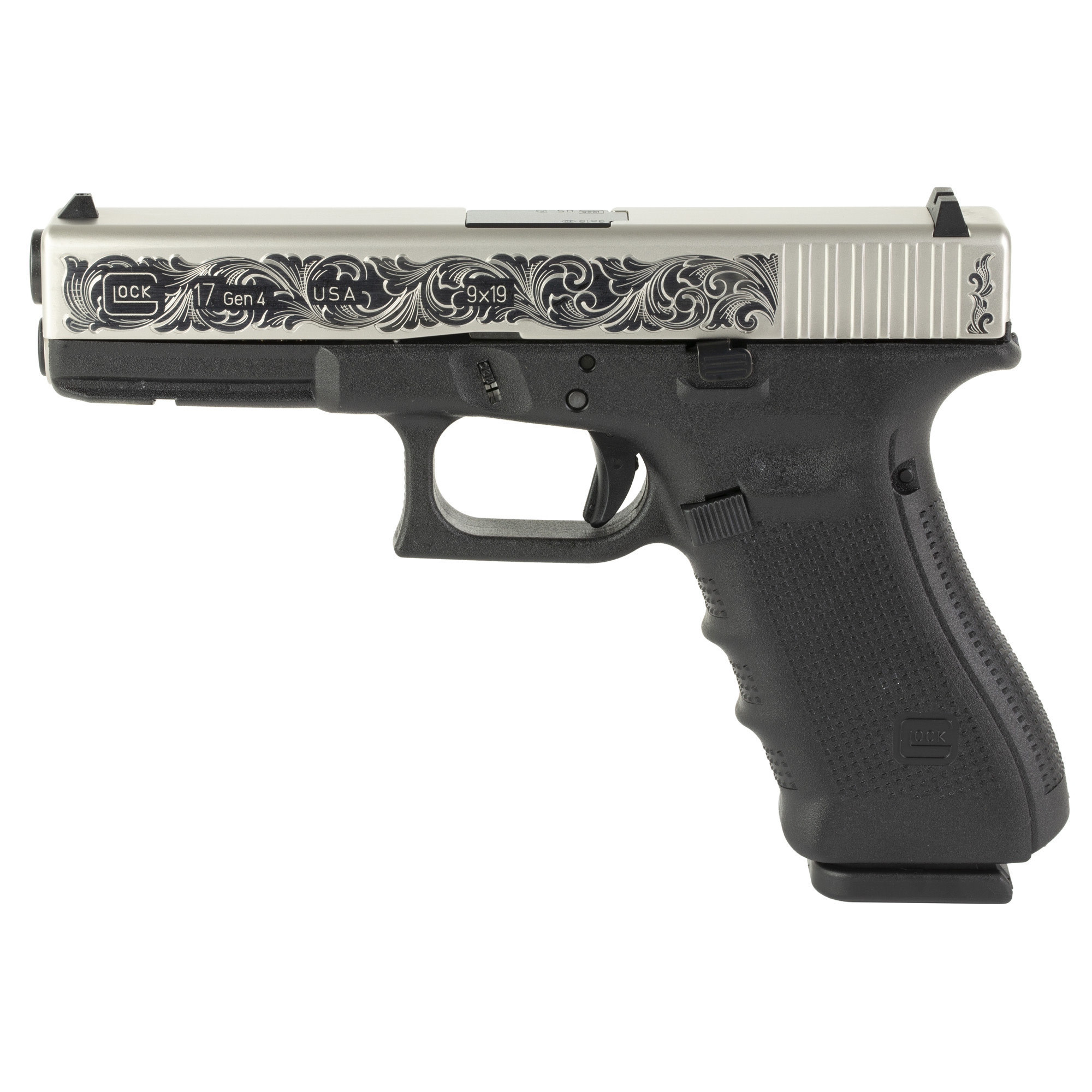 Glock G17 Gen 4 9MM 4.49" Engraved SS/BLK (3)17RD Pistol
