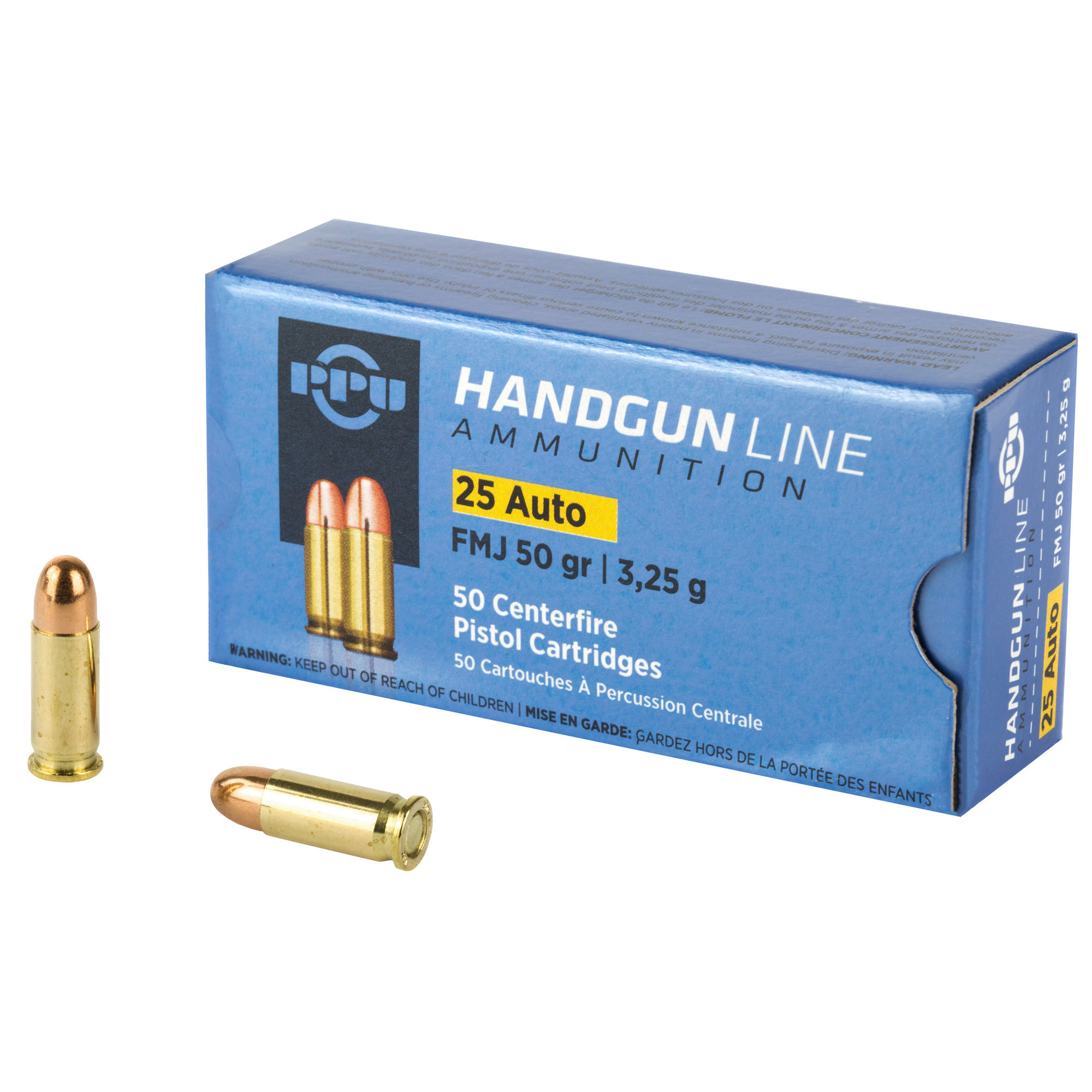 PPU Pistol, 25ACP, 50 Grain, Full Metal Jacket, 50 Round Box