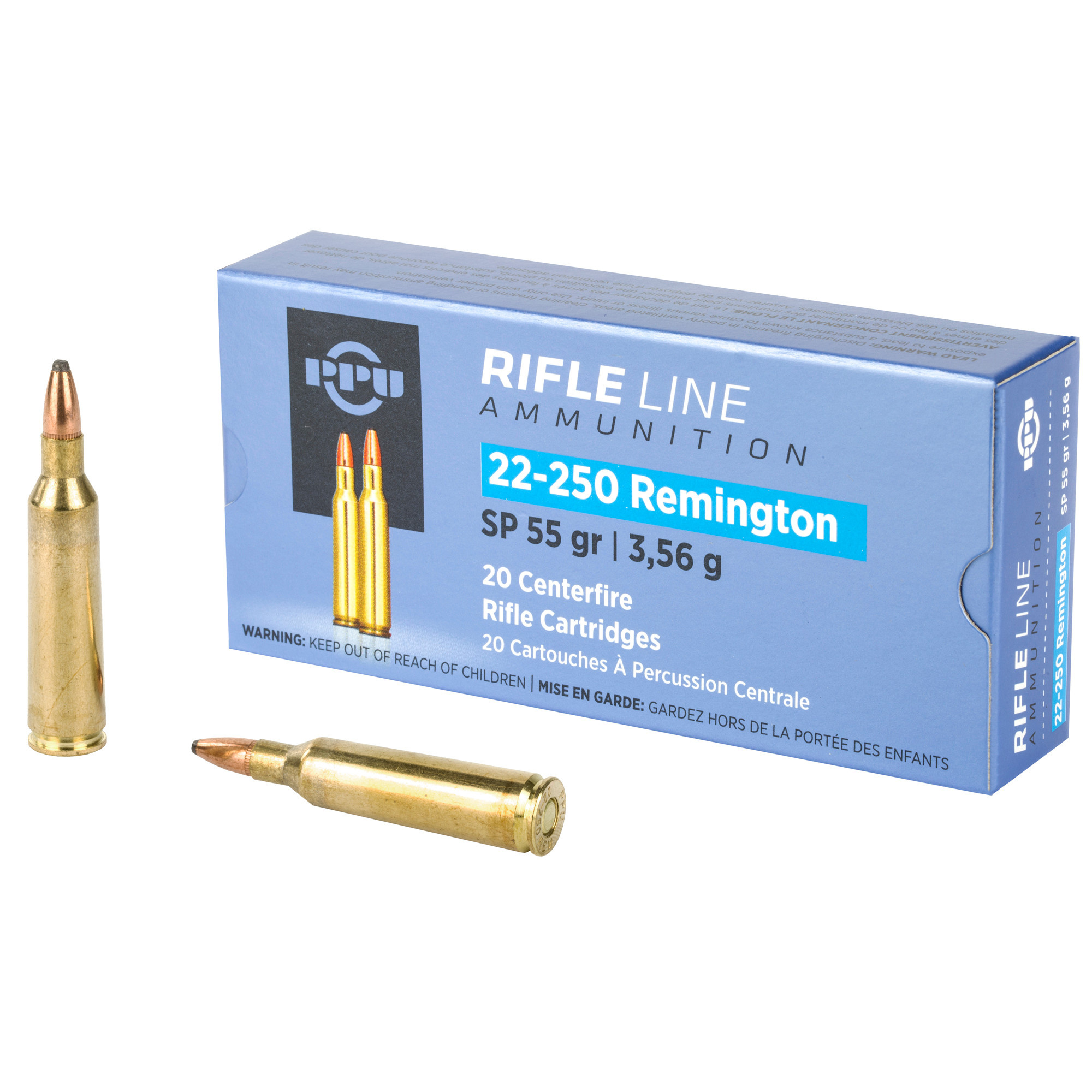 PPU Rifle, 22-250, 55 Grain, Soft Point, 20 Round Box