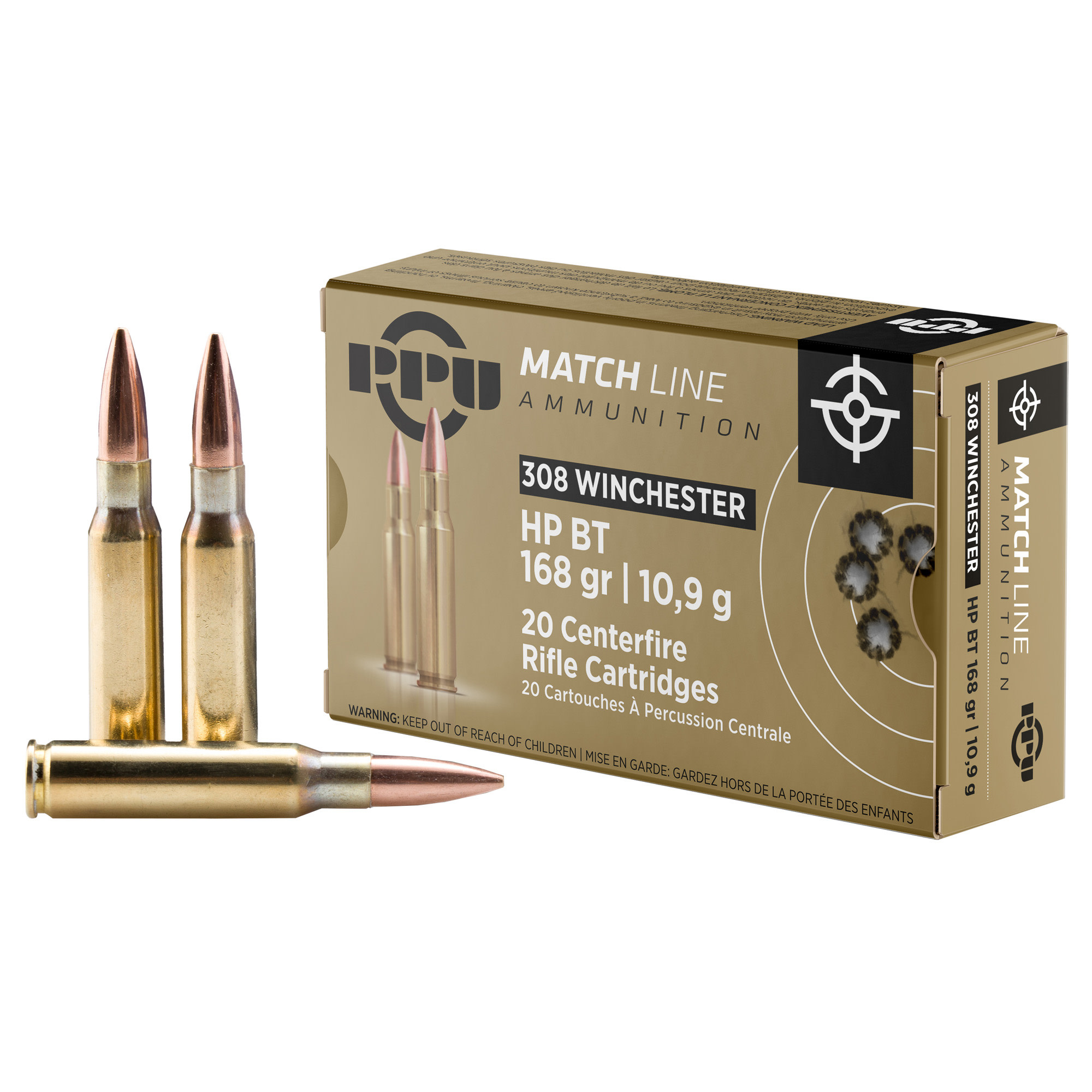 PPU Match 308 Win 168gr Boat-Tail Hollow Point, 20RD Box