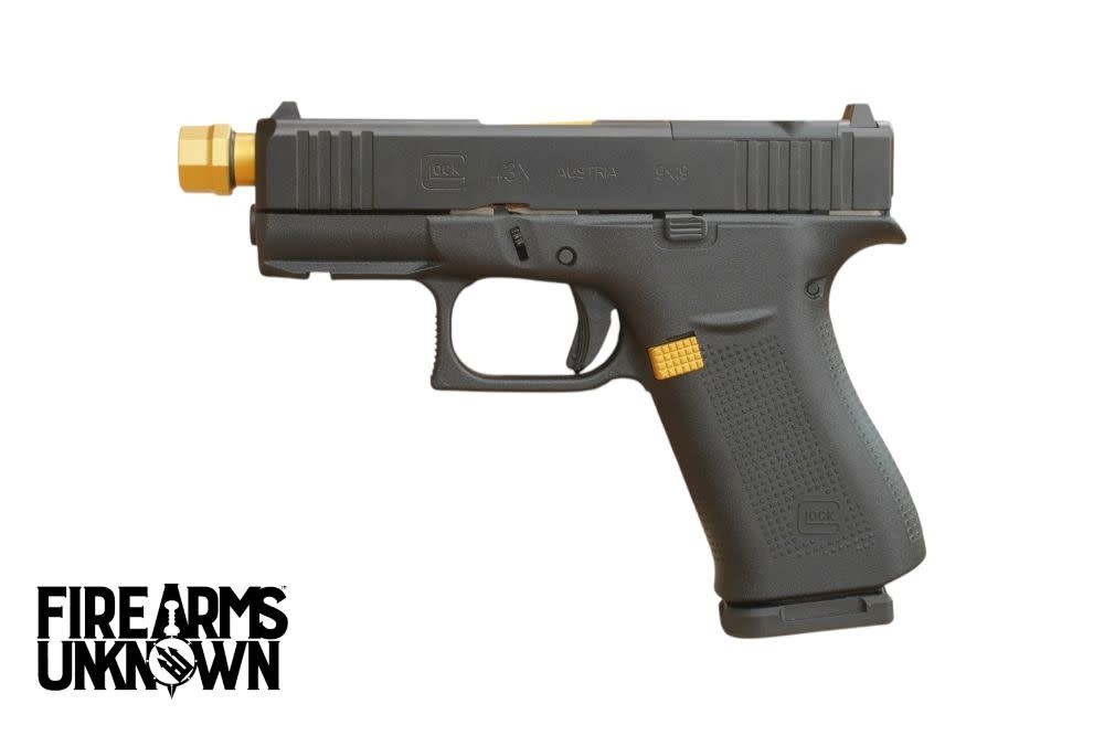 Glock G43X MOS, 9MM 3.41" BLK/GOLD (2)10/(1)15RD Pistol w/ Agency Arms