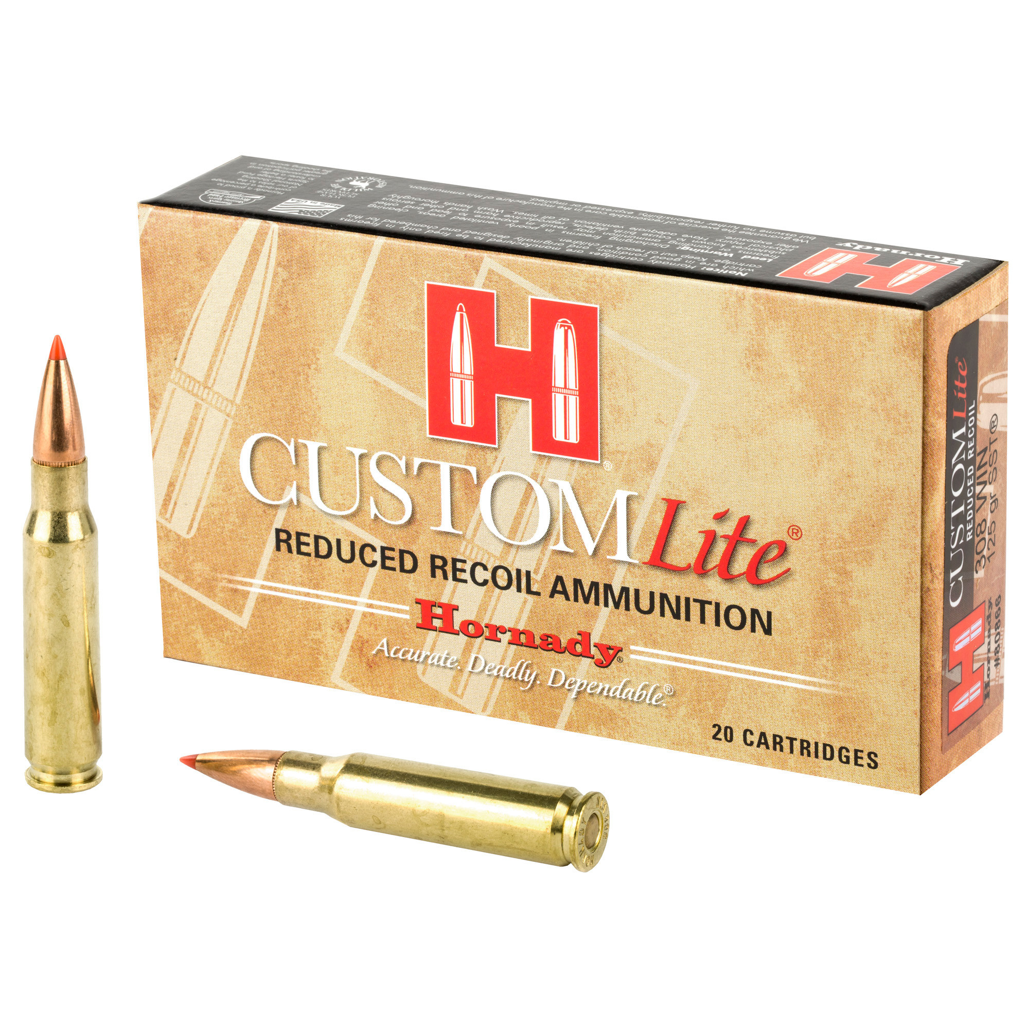 Hornady, Custom Lite, 308 Win, 125 Grain, SST, Low Recoil, 20 Round Box
