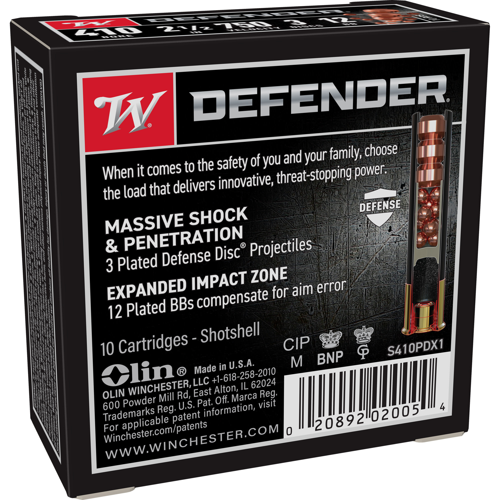 Winchester , Defender, Supreme Elite, 410 Gauge, 2.5", Buckshot, 3 Defense, Discs/12 BB Pellets, 10RD Box