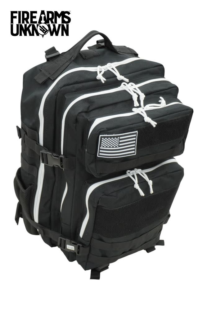 Tactical 45L Molle/Patch Black w/White Zipper Backpack