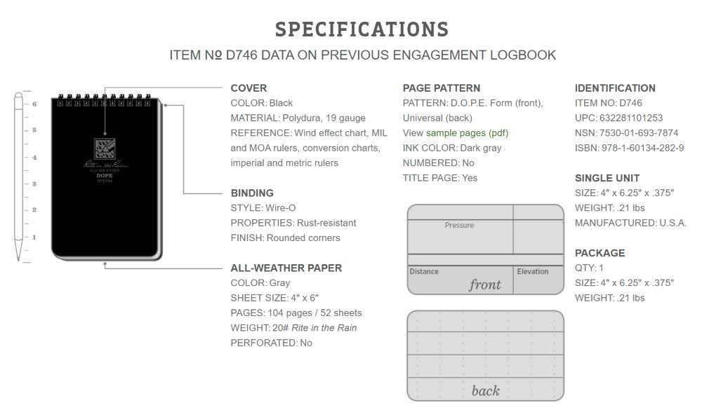Rite in The Rain, N°D746 DOPE LOGBOOK