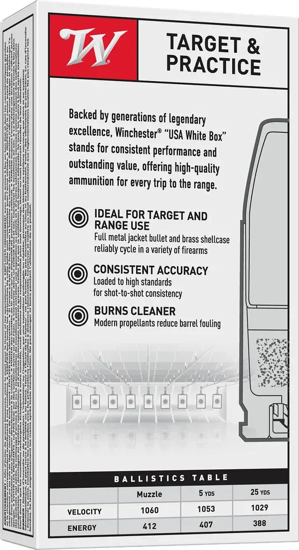 Winchester, White Box, .40 S&W, 165 Grain, FMJ Flat Nose, 50RD Box