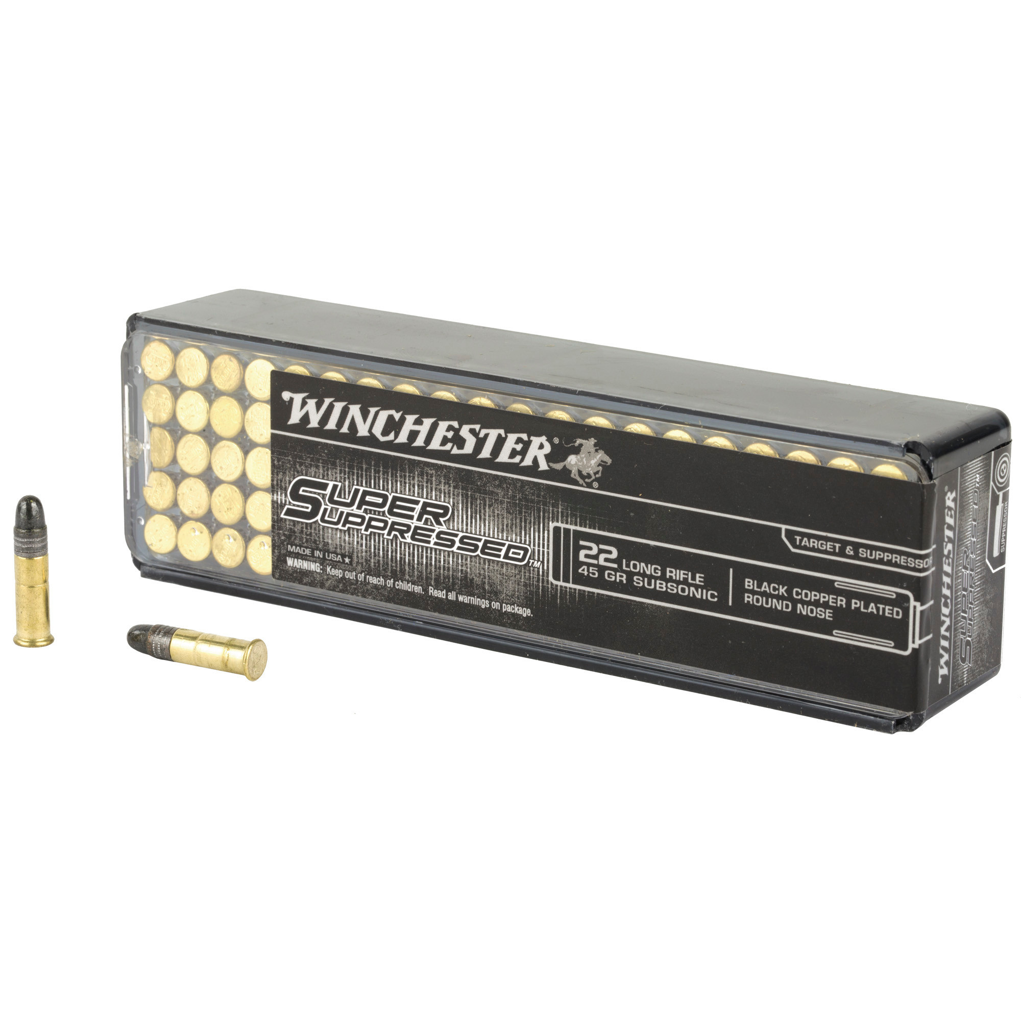 Winchester Super Suppressed 22LR, 45 Grain Black Round Nose, 100 Round Box
