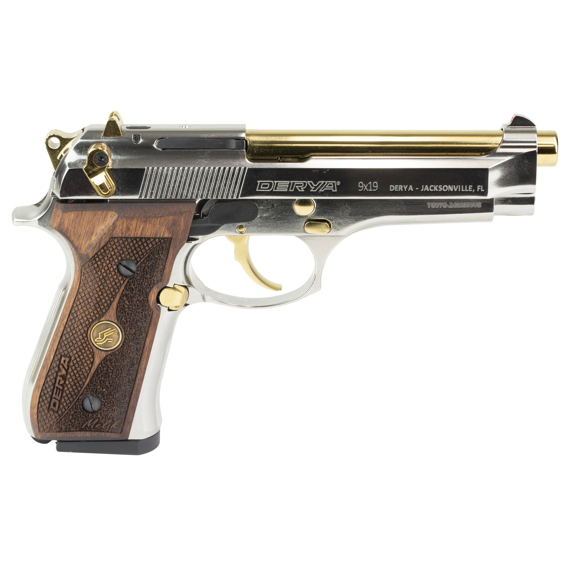 Derya Melik 9MM, 4.9" Nickel/Gold/ Mohogany 17RD Pistol