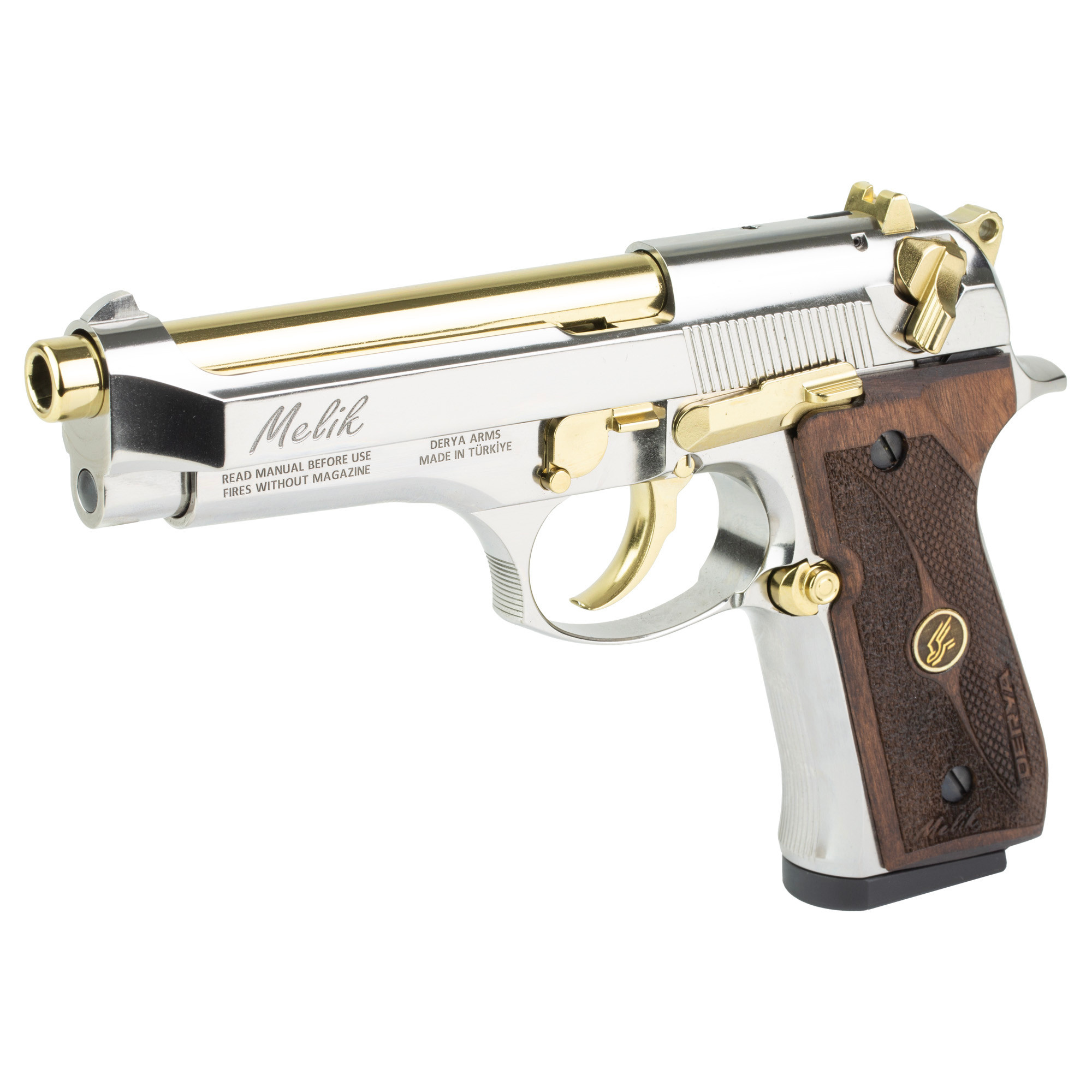 Derya Melik 9MM, 4.9" Nickel/Gold/ Mohogany 17RD Pistol